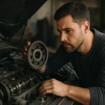 Muž kontroluje variabilné časovanie ventilov v motorovom priestore auta.