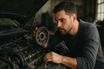 Muž kontroluje variabilné časovanie ventilov v motorovom priestore auta.