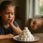 Dieťa smutne sleduje hromadu cukru na tanieri.