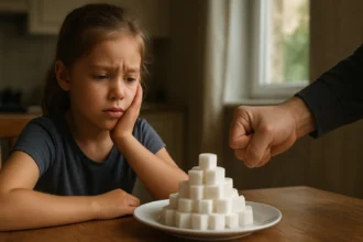 Dieťa smutne sleduje hromadu cukru na tanieri.