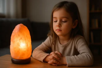 Dievča s uzavretými očami pri soľnej lampe