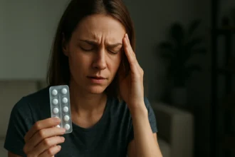 Žena s tabletou po, trpiaca bolesťou hlavy a nevoľnosťou