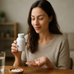 Žena s bio selénom a pohárom vody na zlepšenie zdravia