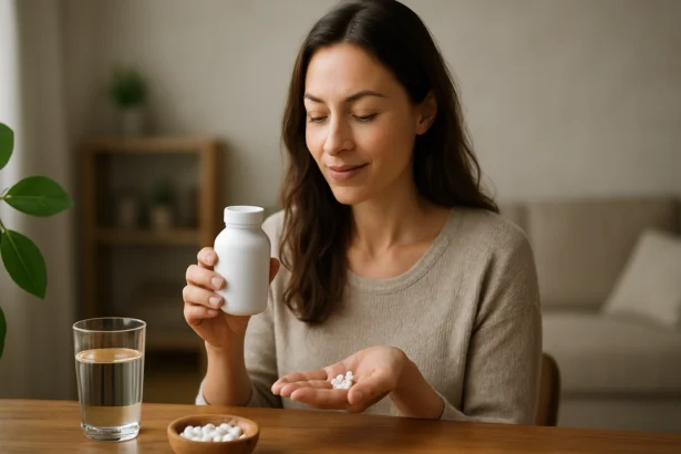 Žena s bio selénom a pohárom vody na zlepšenie zdravia