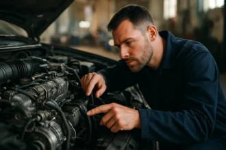 Muž kontroluje dieselový motor v automobile s technickými nástrojmi.