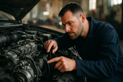 Muž kontroluje dieselový motor v automobile s technickými nástrojmi.