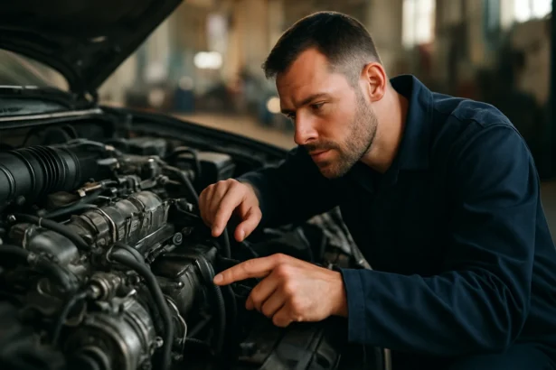 Muž kontroluje dieselový motor v automobile s technickými nástrojmi.