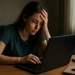 Žena s výrazom frustrácie pri práci na laptopu