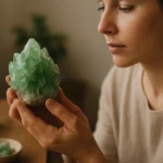 Žena drží zelený ametyst, cenný kameň s liečivými účinkami.