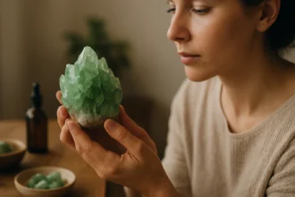 Žena drží zelený ametyst, cenný kameň s liečivými účinkami.