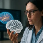 Vedec skúma priesvitný model ľudského mozgu s počítačovým zobrazením v pozadí.