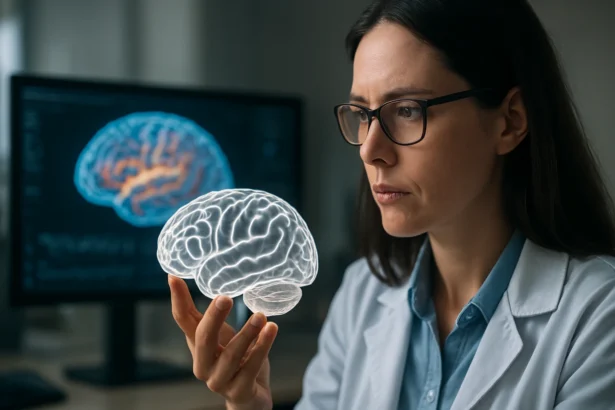 Vedec skúma priesvitný model ľudského mozgu s počítačovým zobrazením v pozadí.