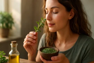 Žena vonia oregano, prírodný liek pre zdravie.