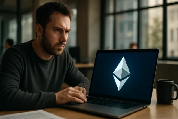 Muž pracujúci s Ethereum technológiou na laptopu v kancelárii.
