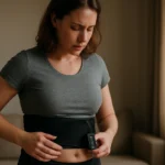 Žena používa potiaci pás doma na chudnutie.