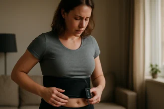 Žena používa potiaci pás doma na chudnutie.