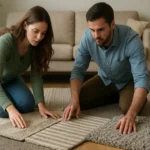 Pár vyberá koberec do interiéru, analyzujú rôzne materiály.