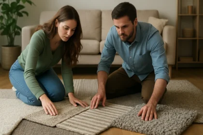 Pár vyberá koberec do interiéru, analyzujú rôzne materiály.