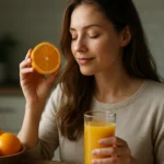 Žena drží pomaranč a pohár pomarančového džúsu