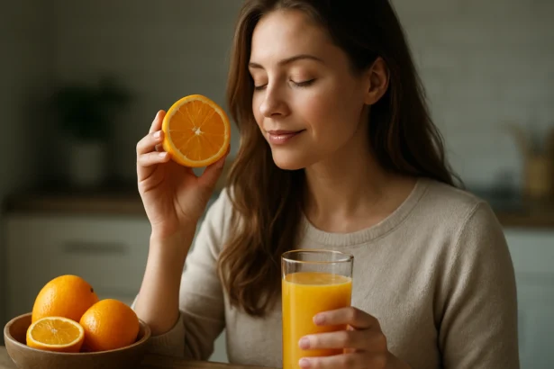 Žena drží pomaranč a pohár pomarančového džúsu