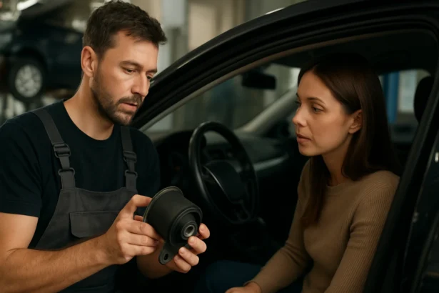 Mechanik ukazuje ženě silentblok, součástka zvyšující komfort vozu.