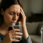 Žena pije perlivú vodu, vyjadruje znepokojenie o zdraví.