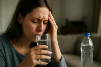 Žena pije perlivú vodu, vyjadruje znepokojenie o zdraví.