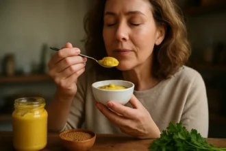 Žena s horčicou, ochutnávajúca zdravé korenie.