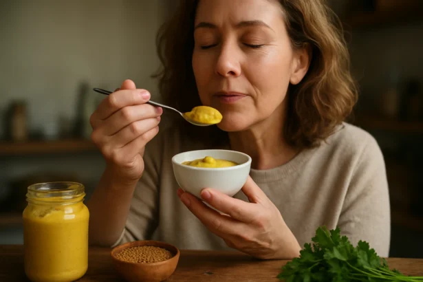 Žena s horčicou, ochutnávajúca zdravé korenie.