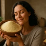 Žena objíma misku so semolinou, symbol zdravej výživy.