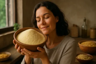 Žena objíma misku so semolinou, symbol zdravej výživy.