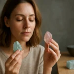 Žena so zameraním drží akvamarín a morganit v rukách