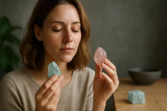 Žena so zameraním drží akvamarín a morganit v rukách