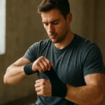 Muž aplikuje zápästný bandáž pred cvičením v telocvični.