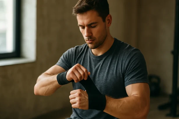 Muž aplikuje zápästný bandáž pred cvičením v telocvični.