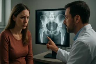 Žena s vážnym výrazom počúva lekára pri röntgenovom vyšetrení.