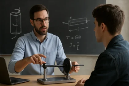 Profesor vysvetľuje torznú os a mechaniku študentovi.