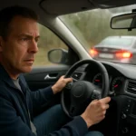 Muži v aute, ktorý zažíva stres pri jazde a potenciálnu nehodu.