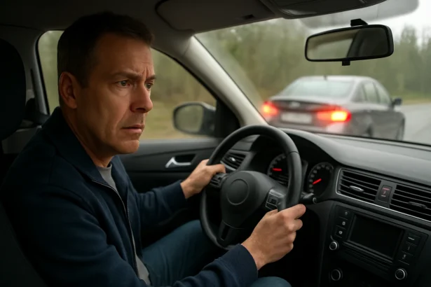 Muži v aute, ktorý zažíva stres pri jazde a potenciálnu nehodu.