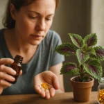 Žena s fľaštičkou užíva kapsuly forskolínu v blízkosti rastliny.