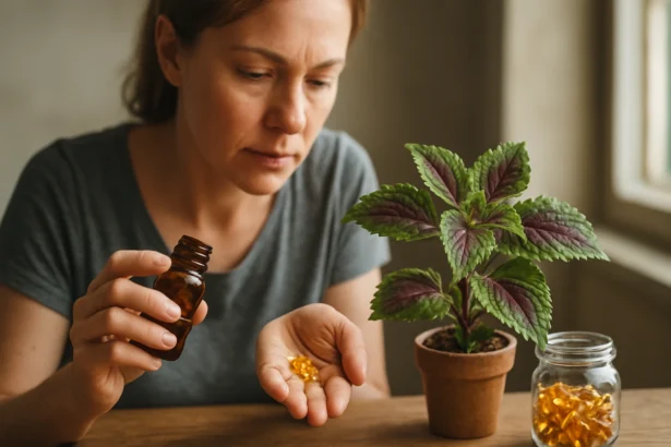 Žena s fľaštičkou užíva kapsuly forskolínu v blízkosti rastliny.