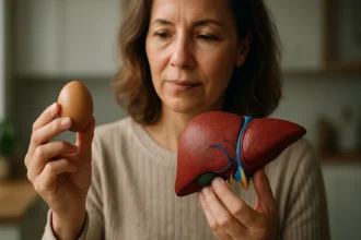 Žena drži vajce a model pečene, symbolizujúce zdravie a výživu.