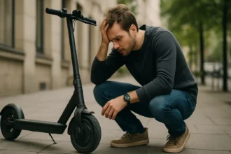 Muž znepokojený elektrickou kolobežkou na chodníku