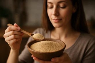 Žena s amarantom v miske, pripravená na zdravé varenie.