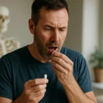 Muž berie doplnok vápnika na zdravie kostí a svalov.