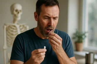 Muž berie doplnok vápnika na zdravie kostí a svalov.