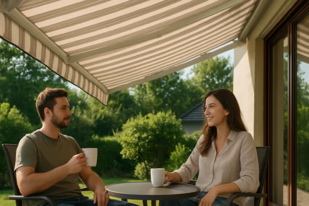 Pár si vychutnáva kávu pod skladacou markízou na terase.