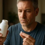 Muž zvažuje užitie tablety magnézia z bielej fľaše.