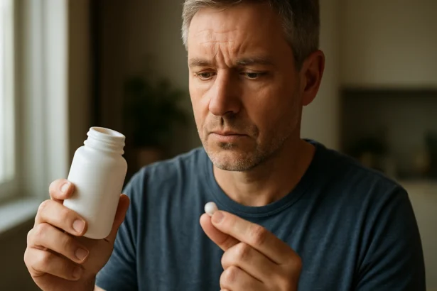Muž zvažuje užitie tablety magnézia z bielej fľaše.