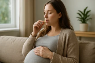 Tehotná žena užíva Omega-3 doplnok pre zdravý vývoj dieťaťa.